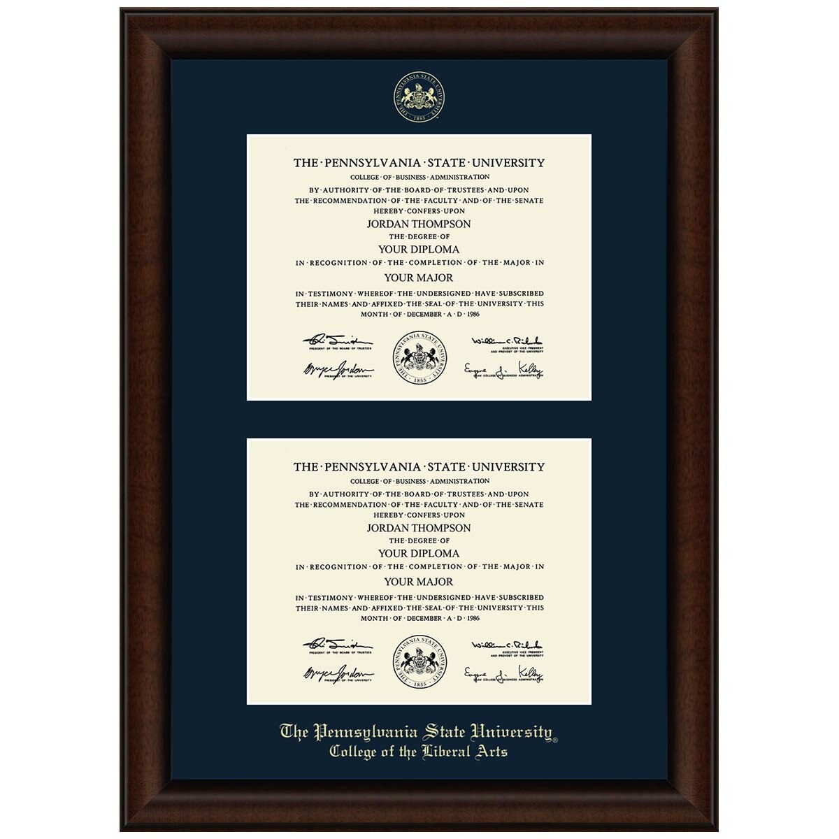 #106 Penn State College of the Liberal Arts double diploma frame Lenox (Walnut)
